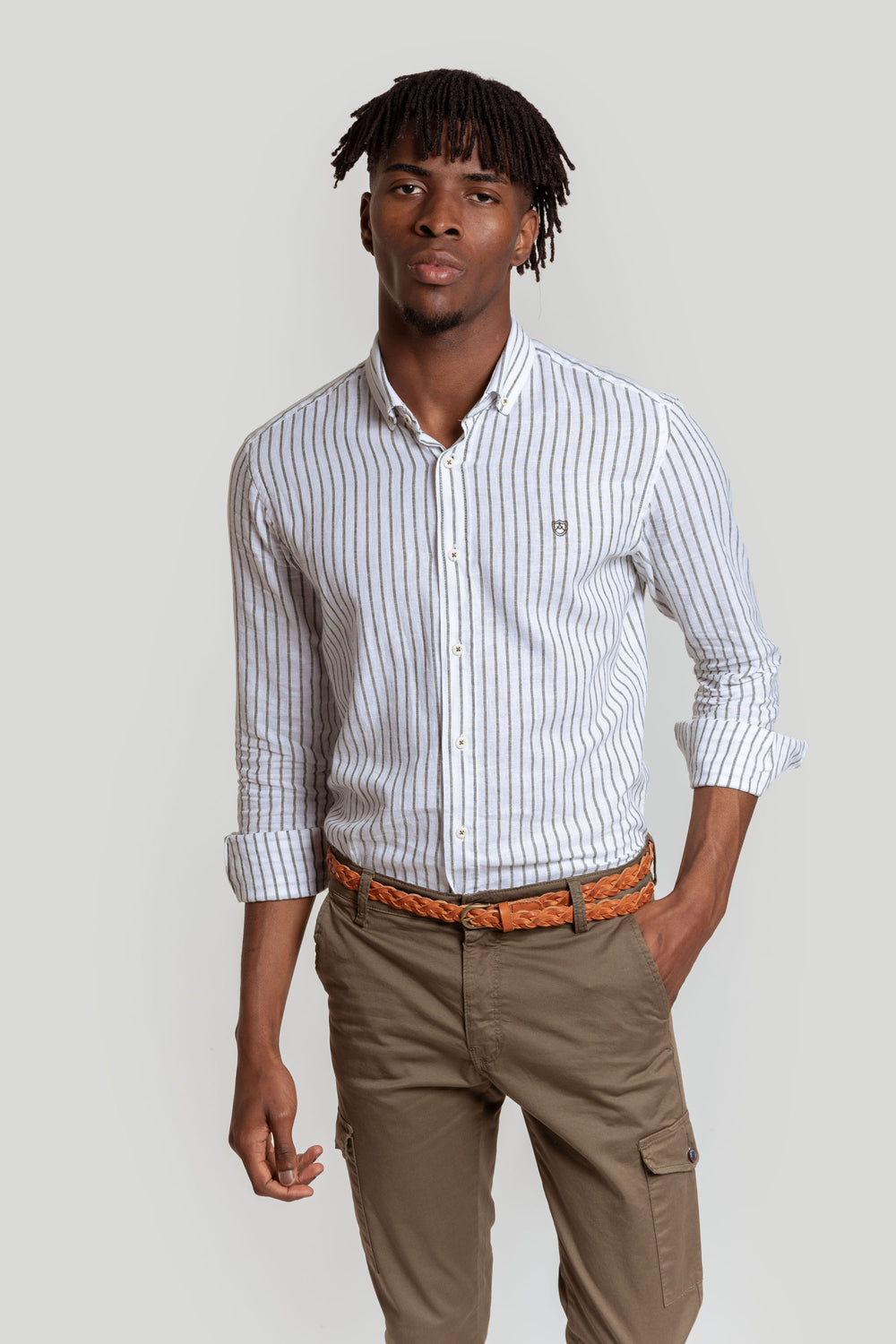 Camisa Sport Rayas Kaki Algodón Lino