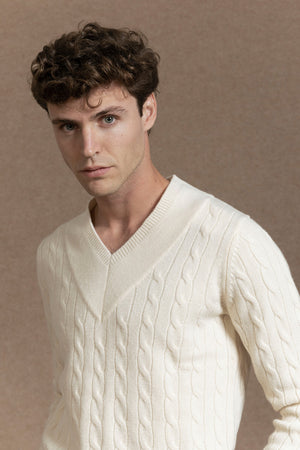 Jersey de Lana 100% Hueso con Cuello en V