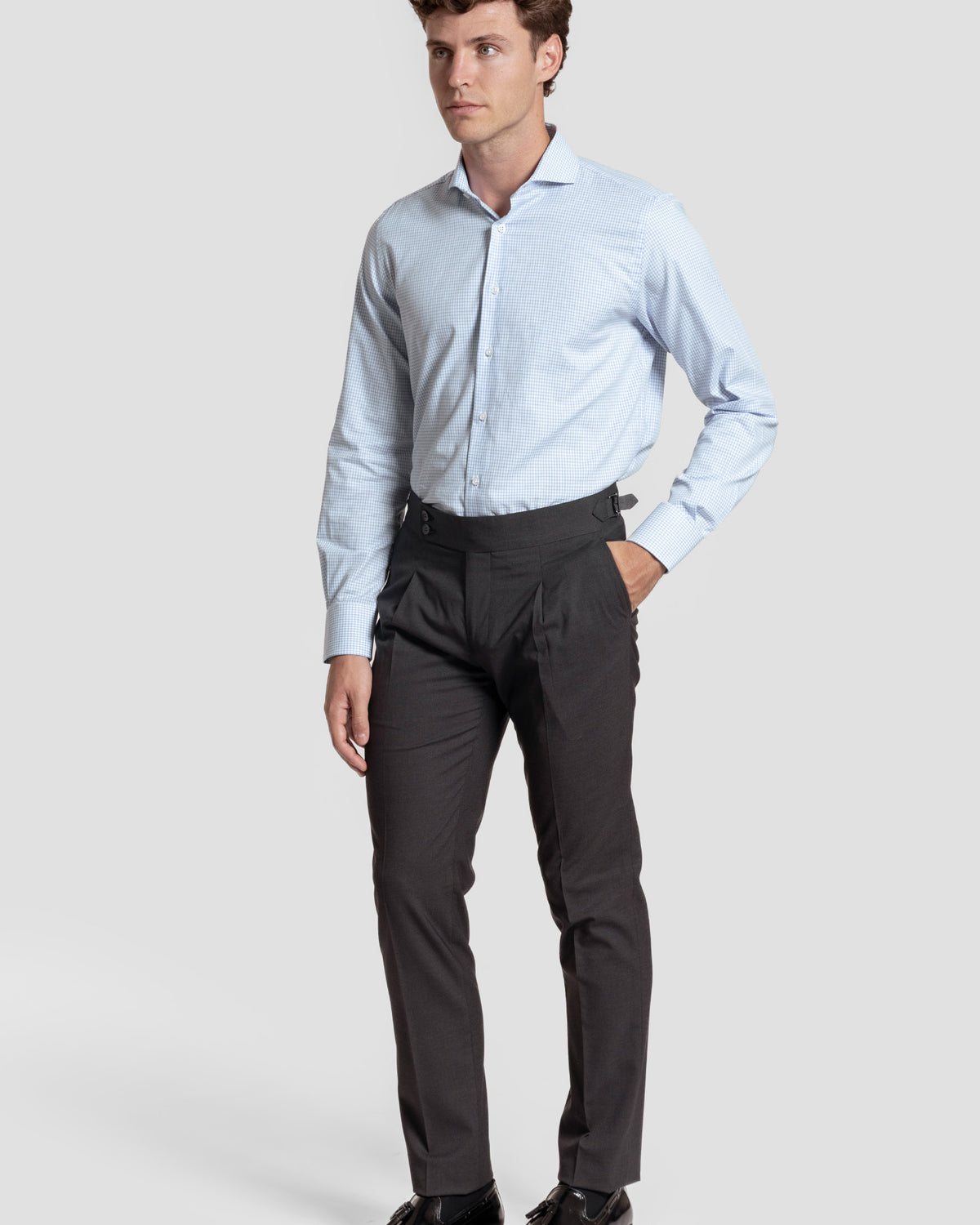 Camisa Vestir Cuadro Pequeño Celeste - Huella