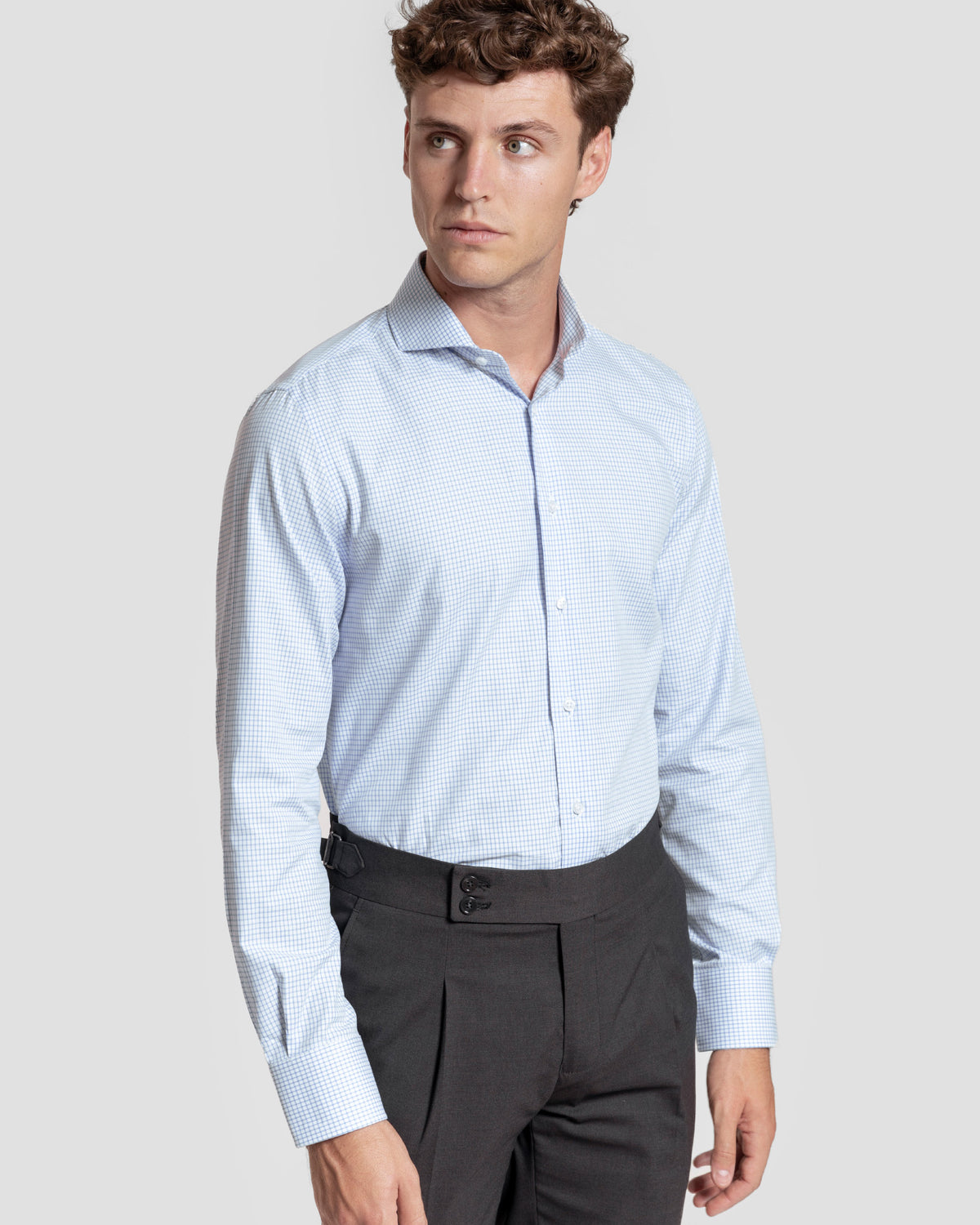 Camisa Vestir Cuadro Pequeño Celeste - Huella