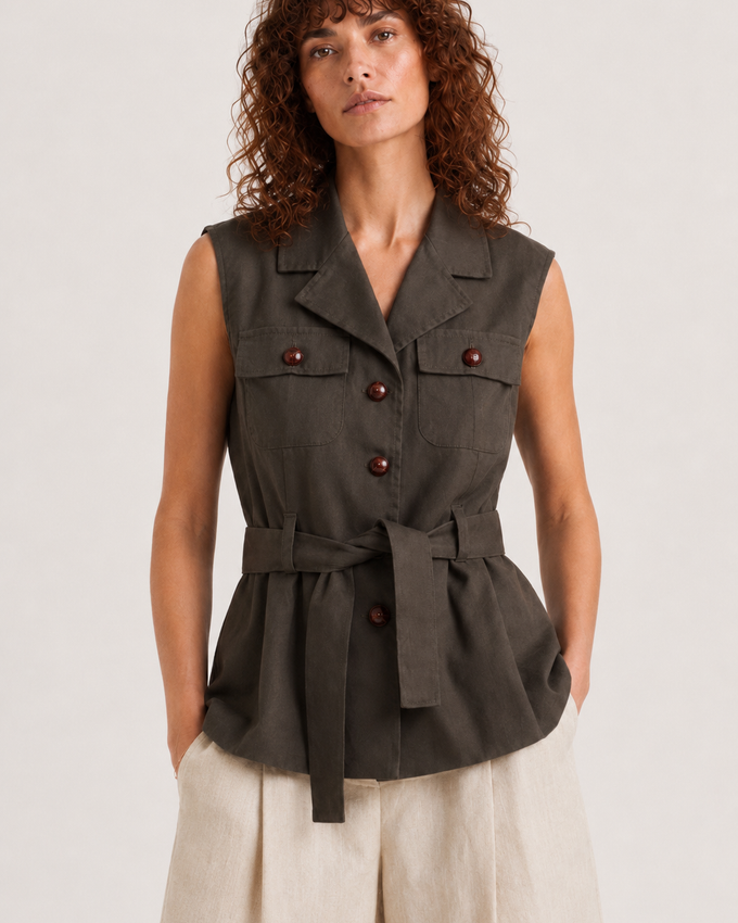 Chaleco Peplum Cinturón Kaki
