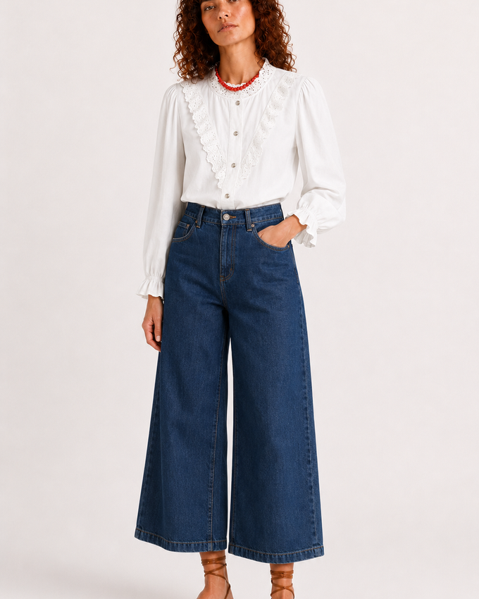Blusa Con detalles en Perforado de Algodón