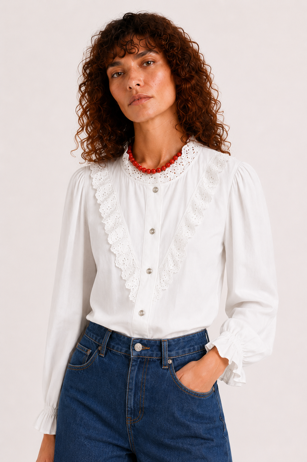 Blusa Con detalles en Perforado de Algodón