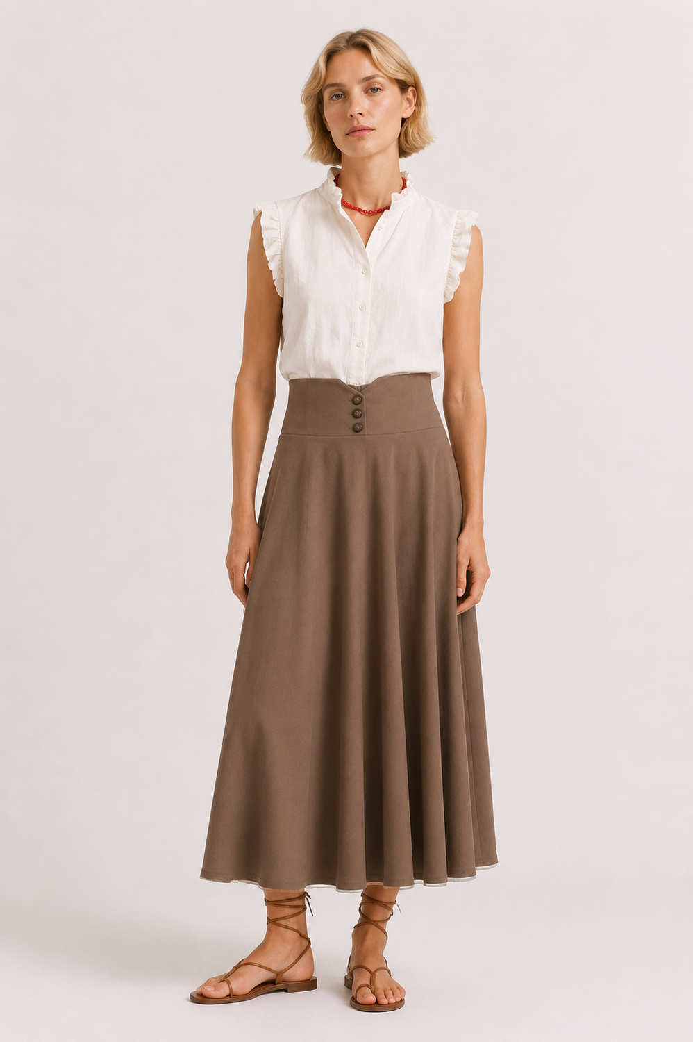 High-Waisted Button-Front Midi Skirt.