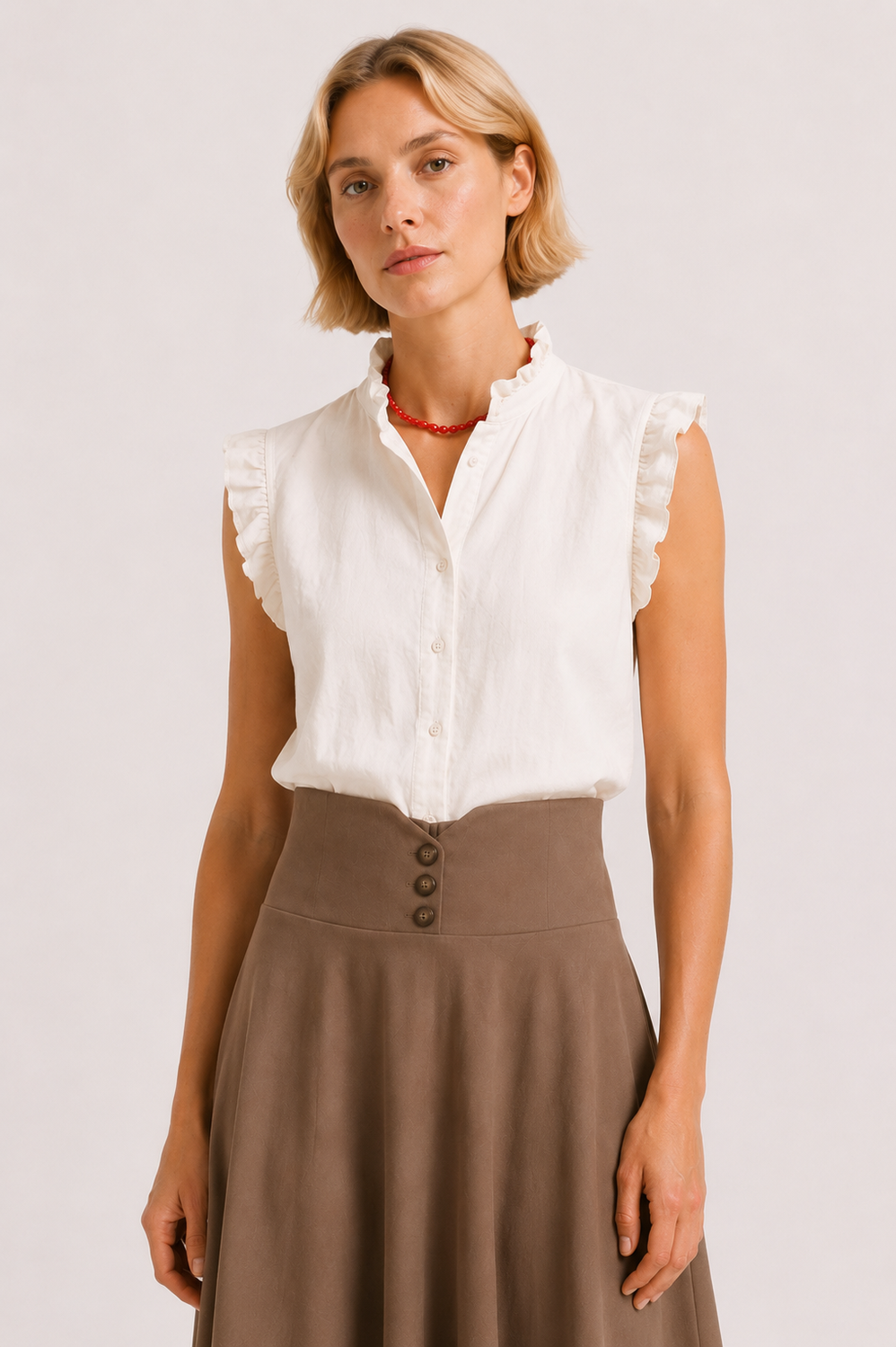 High-Waisted Button-Front Midi Skirt.